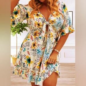 Amazon Floral Print Tie-Front Midi Dress - Yellow and Blue